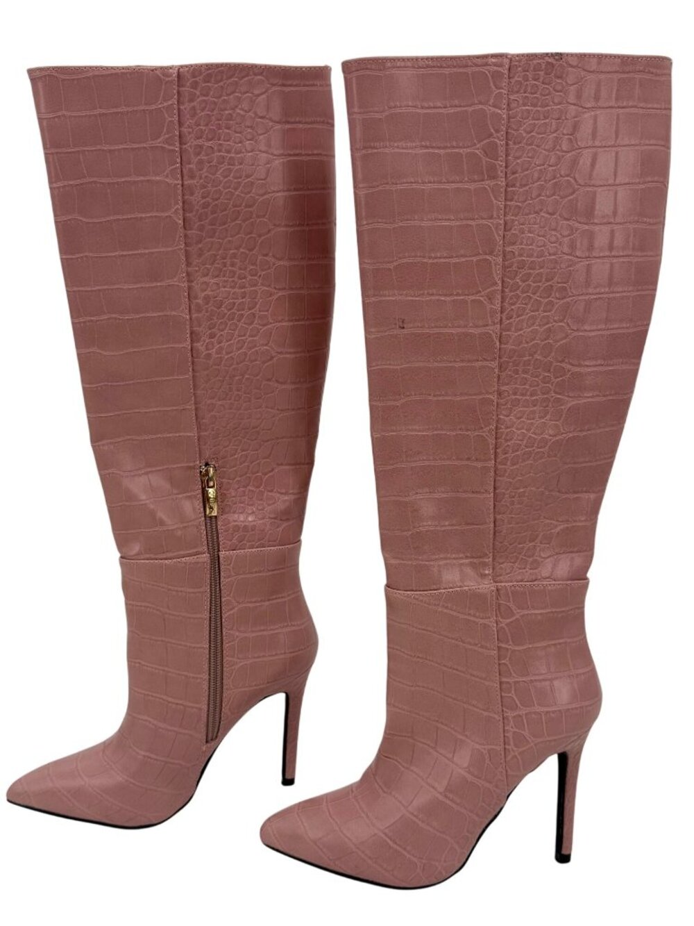 Guess Pink Vegan Croc Pointed Toe Knee High Stiletto Boots | Sexy Baddie Barbie - Picture 4 of 16